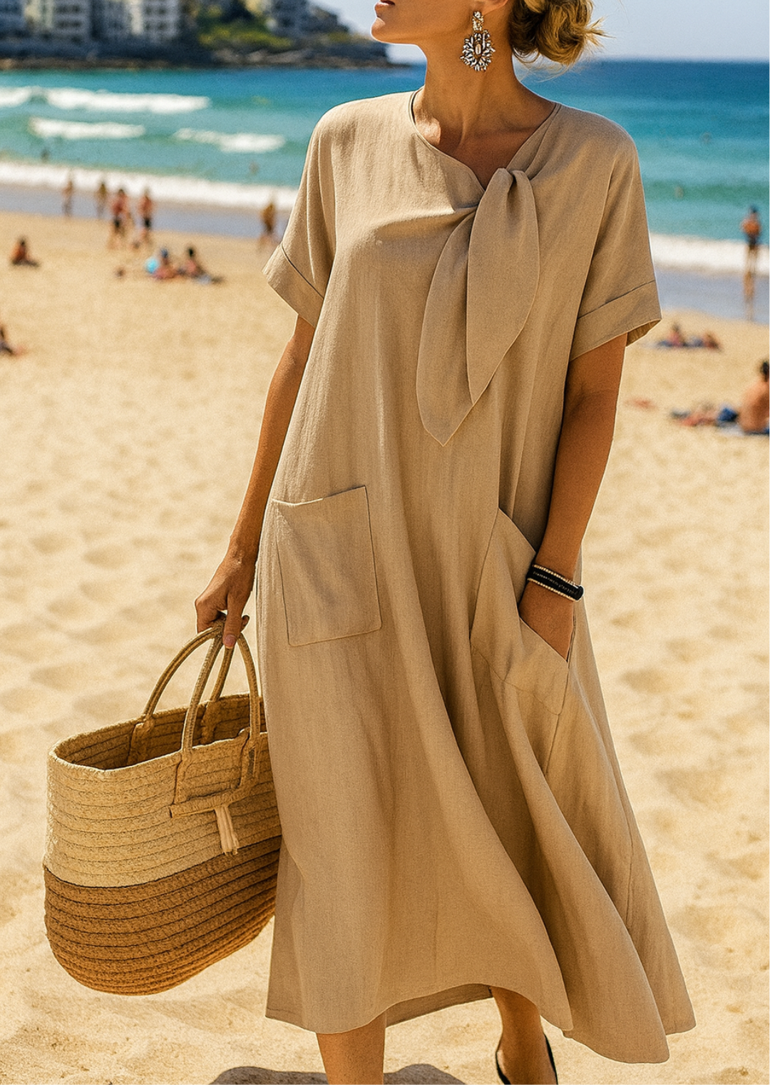 Elegant Linen Dress with Pockets & Bow